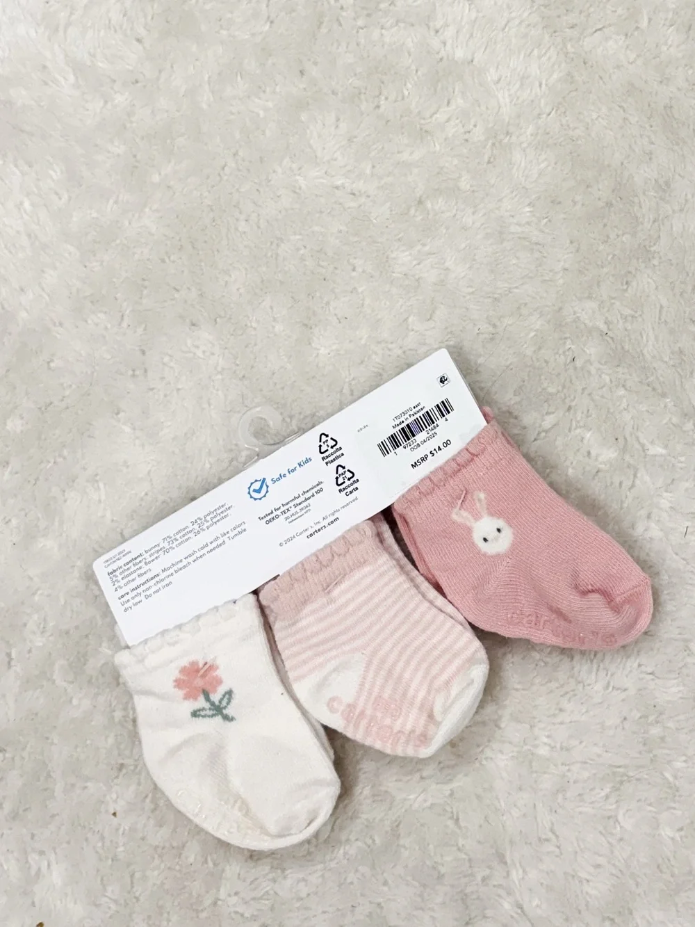 Carter's Baby Girls Pink & White Bunny Floral 3-Pack Socks